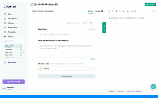 User interface of a content creation tool with features for transforming bullet points into paragraphs.